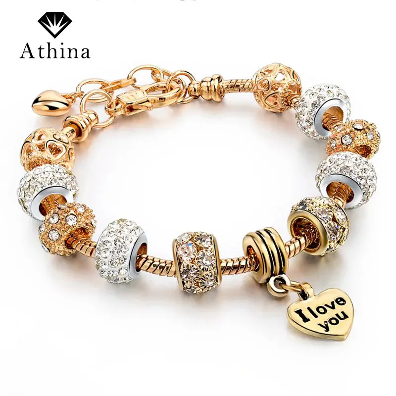 

2017 New Gold Color Charm Bracelet & Bangle for Women With High Quality Murano Crystal&Glass Beads DIY Birthday Gift SBR140738