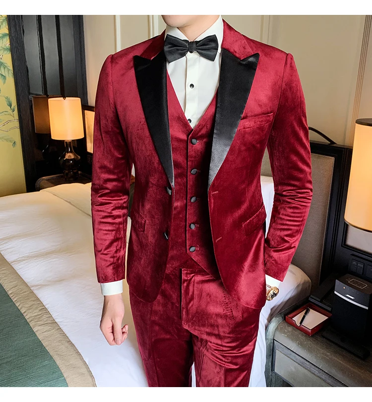 Свадебный элегантный мужской костюм s мужской костюм Terno Masculino осенний Бархатный смокинг пальто брюки дизайн Tero Slim Fit куртка+ жилет+ брюки