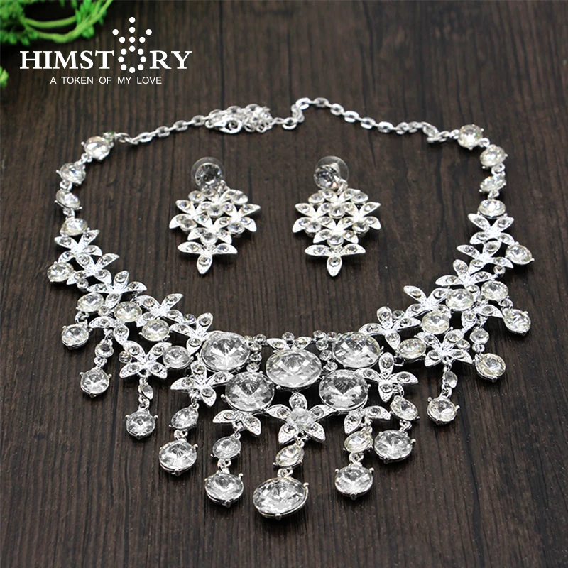 

Luxurious Tassel Waterdrop Crystal Rhinestones Silver Plated Bridal Jewelry Sets Wedding Necklace Earring Set Accessories