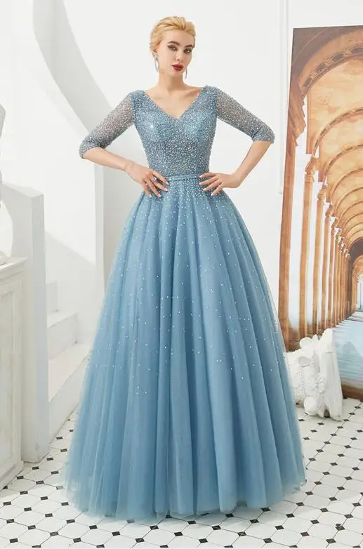 Светильник, синее вечернее платье трапециевидной формы с v-образным вырезом, роскошное, расшитое блестками, официальное, элегантное, с рукавом три четверти, длинные платья, robe de soiree - Цвет: Same As Picture