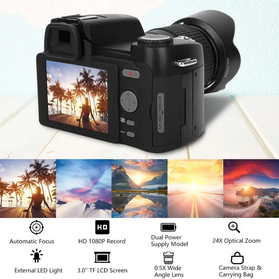 D7200 33MP Цифровая камера DSLR 0.5X широкоугольный объектив+ 24X телеобъектив+ светодиодный светильник 3," TFT lcd дисплей Full HD камера