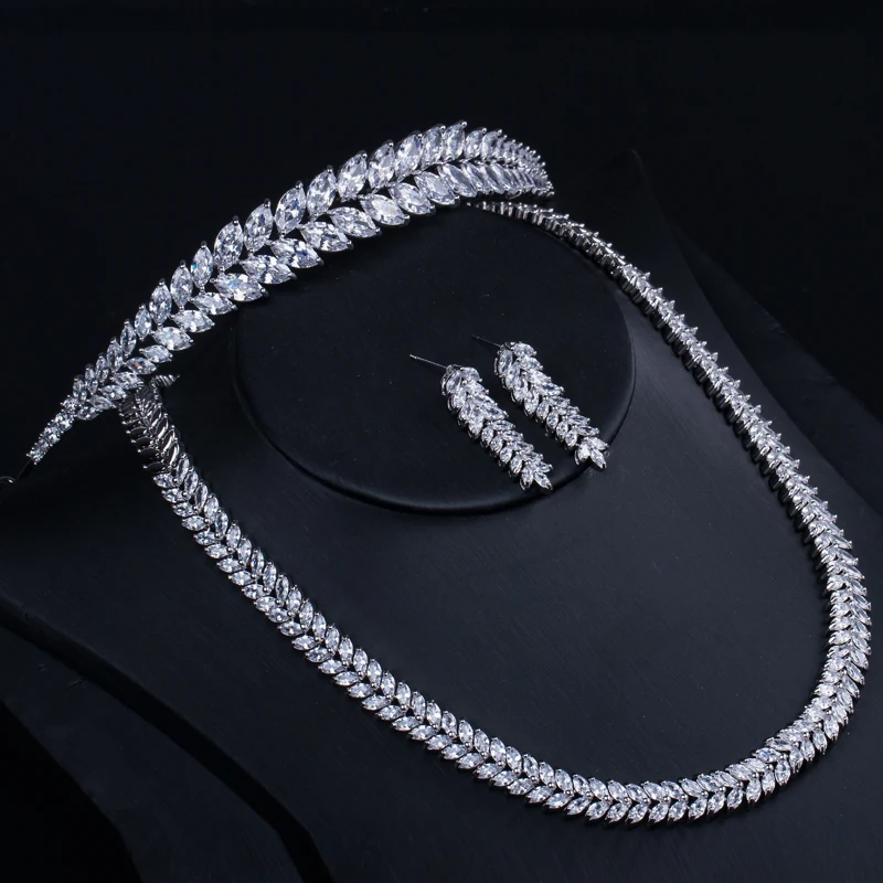 CWWZircons Блестящий кубический цирконий Marquise, свадебное ожерелье, серьги и тиара, ювелирные наборы для свадьбы, аксессуары для волос T313