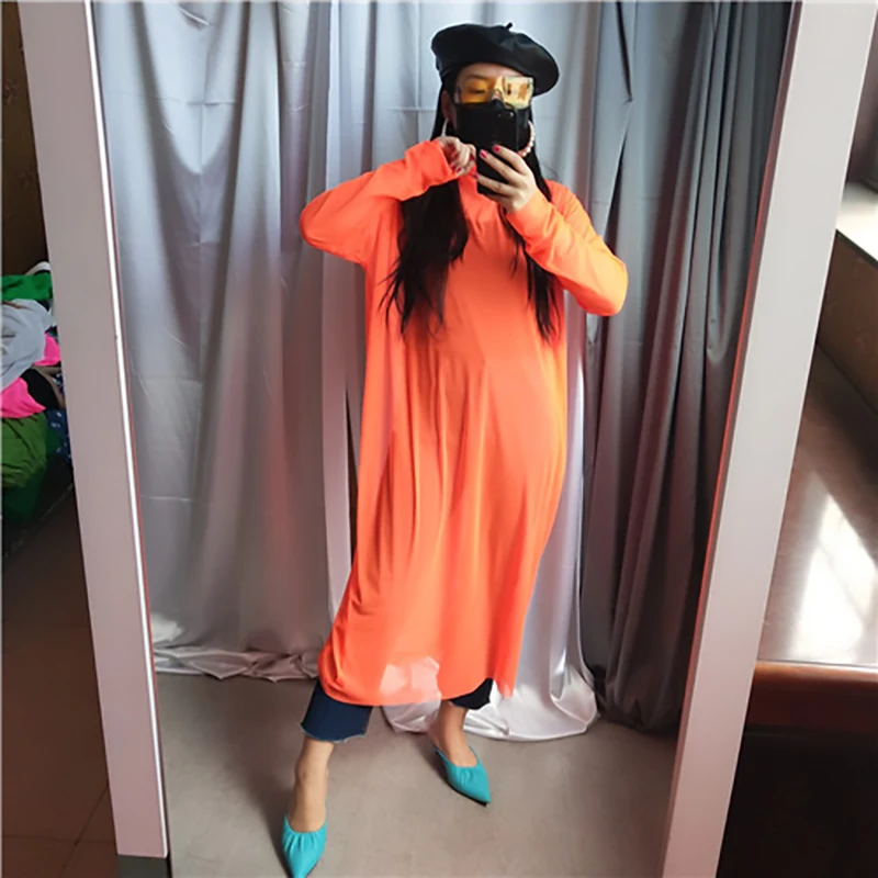 [EAM] New Autumn Winter High Collar Long Sleeve Black Mesh Perspective Colorful Long Big Size Dress Women Fashion JU790