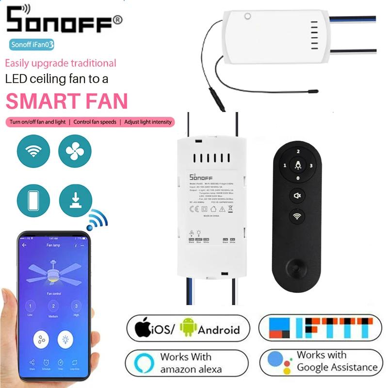 IFan03 SONOFF Wi-Fi потолочный вентилятор и световой контроллер с 433 RF умным пультом дистанционного управления работает с Alexa Google Home через
