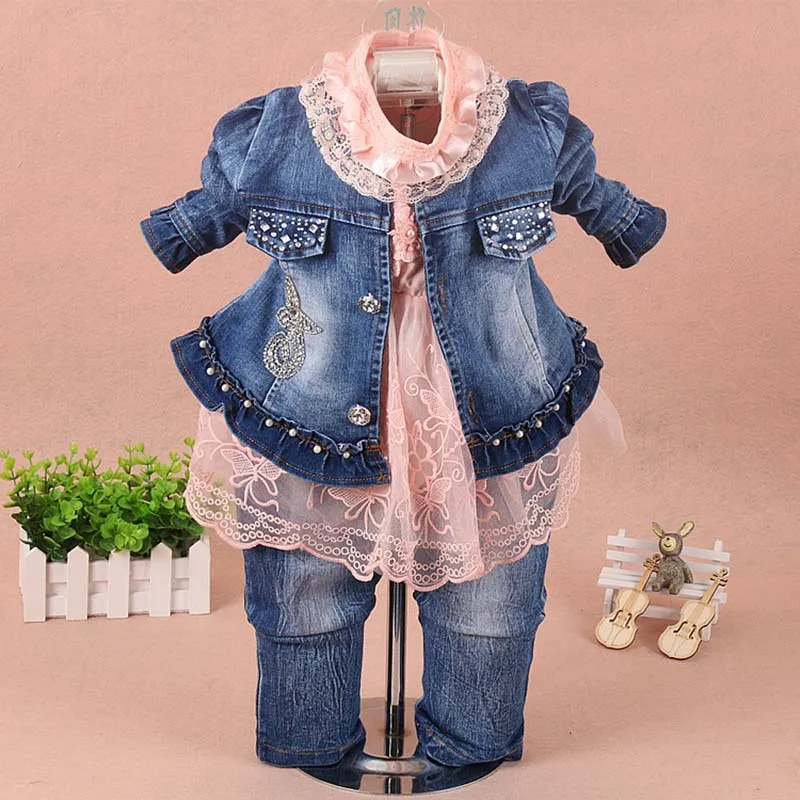 F10418-Pink Одежда для девочек, комплект одежды для детей, одежда для маленьких девочек костюм из 3 предметов, куртка джинсовые штаны г. Осенне-Весенняя детская ковбойская одежда для малышей - Цвет: F10418-Pink