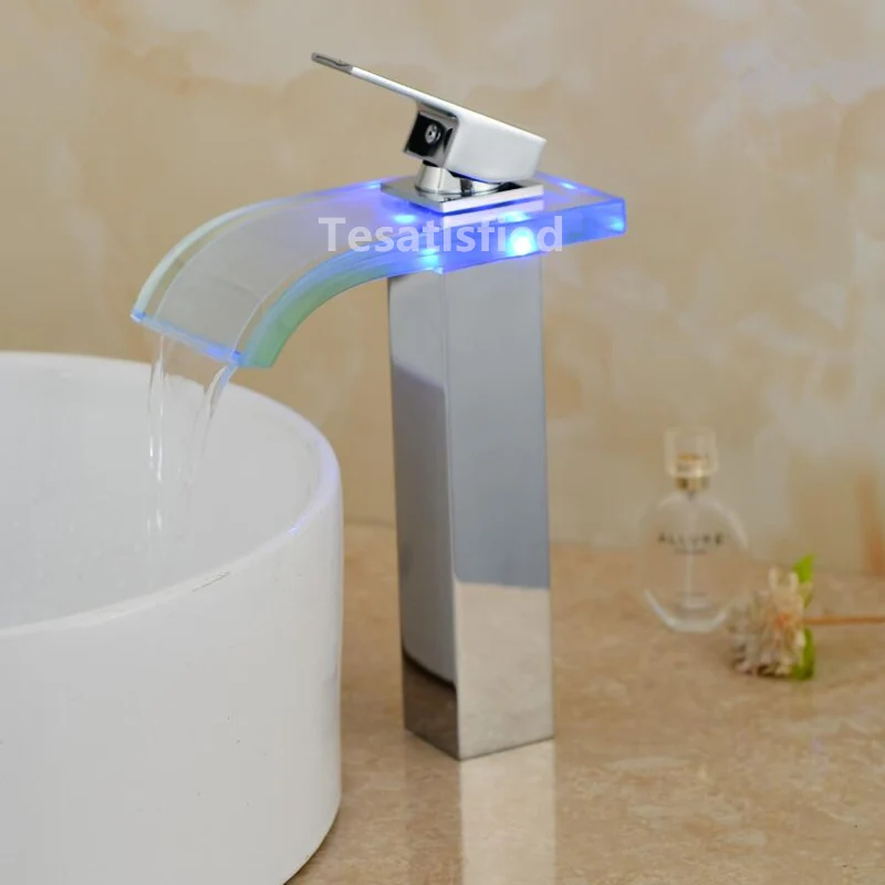 Robinet Salle De Bain Стекло водопад кран Led Цвет изменение Ванная комната смесителя крепление на платформу смесители для раковины краны