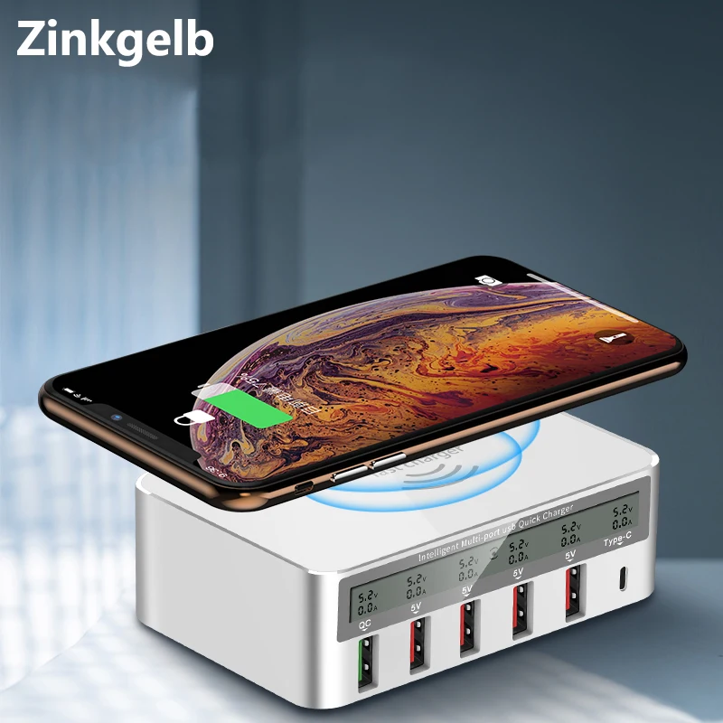 Multi-port Charging Station Hub 10W Qi Fast Charger Wireless LED Screen Smart USB Port Quick Charge 3.0 Type C PD | Мобильные