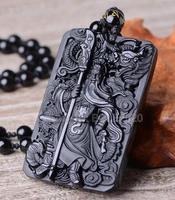 beautiful chinese handwork natural black obsidian carved sword guangong lucky amulet pendant beads necklace fashion jewelry