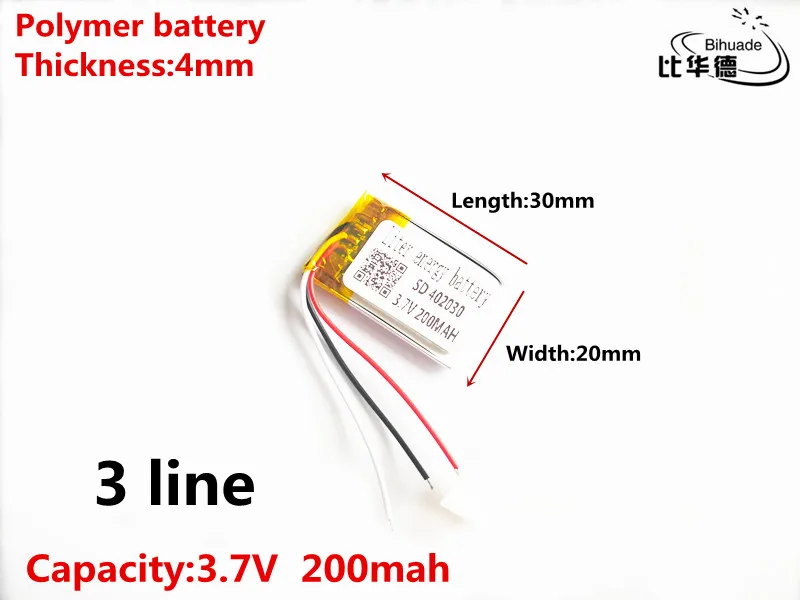 3 линии хорошего качества 3,7 V, 200 mAH, 402030 полимерный литий-ионный/литий-ионная аккумуляторная батарея для игрушка, портативное зарядное устройство, gps, mp3, mp4