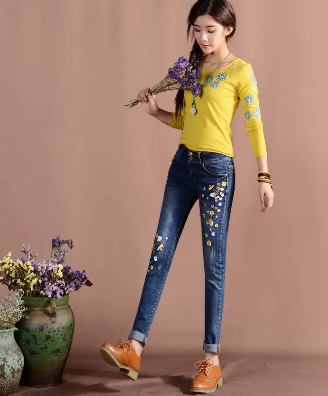 Плюс Размеры Для женщин с цветочной вышивкой зауженные джинсы весна лето дамы