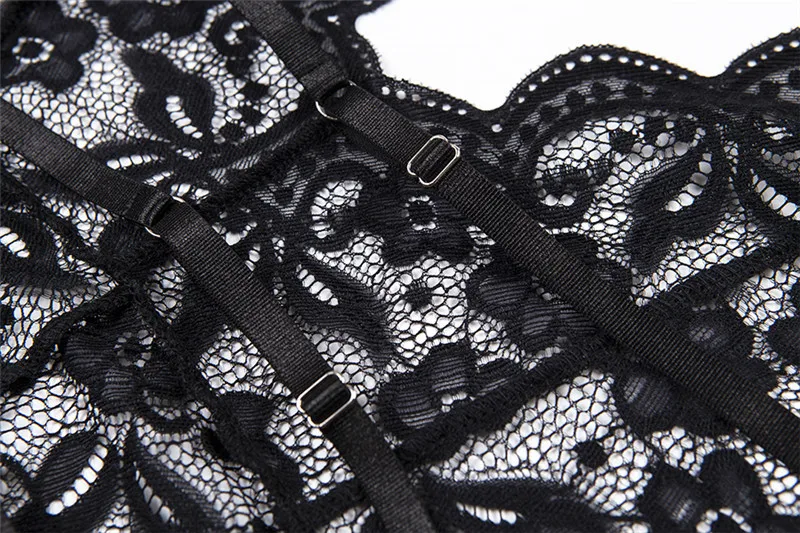 ArtSu Transparent Halter Lace Bodysuit Women Sexy V Neck Floral Jumpsuit Bodycon Romper Mujers Bodysuits Nightwear ASJU60111