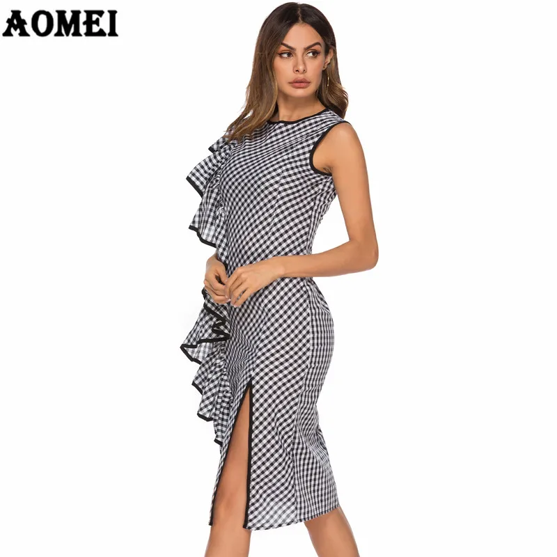 Black Retro Gingham Women Summer Dress Ruffles High Split Vintage Checkered Tunics Robe Femme Classy Sundress Ladies Party | Женская