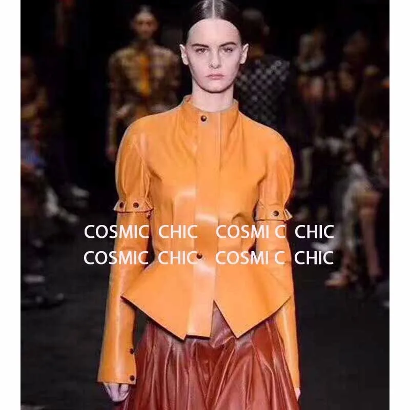 Cosmicchic Женская куртка из натуральной овчины со стоячим воротником с длинным рукавом, высокое качество, подиумная Элегантная куртка из овчины