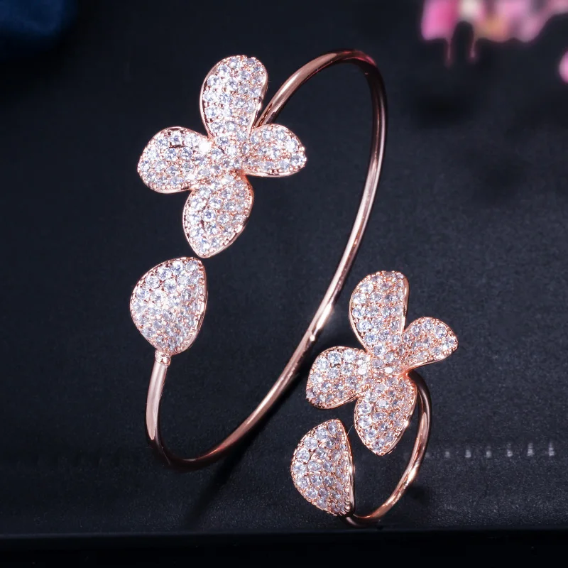 CWWZircons Adjustable Size Full Cubic Zirconia Rose Gold Color Flower Leaf Cuff Bangle Bracelet and Ring Sets for Women T071|Ювелирные