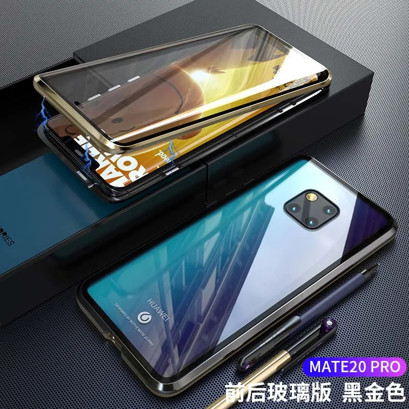 Защитный Магнитный чехол на 360 градусов для huawei mate 20Pro, магнитный стеклянный чехол для телефона huawei mate 20, чехол, аксессуары - Цвет: black gold