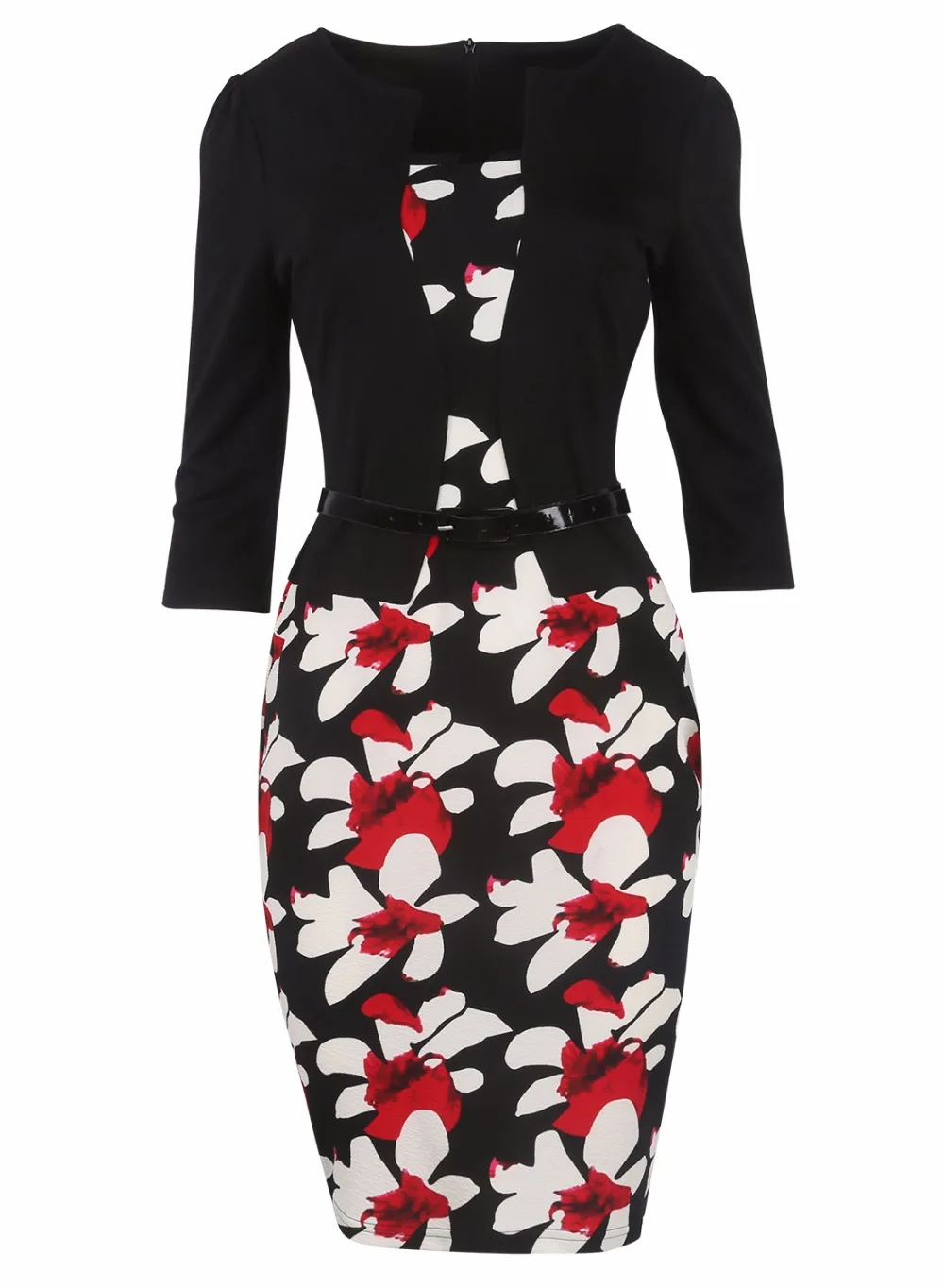 Women Plus Size 4XL Faux Two Piece Flower Floral Print Patchwork Three Quarter Sleeve Office Wear Work Bodycon Pencil Dresses | Женская