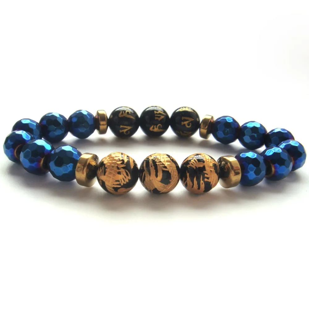 2019 1 шт. синий граненый гематит камень ручной дракон Тибетский 6 слог четки для