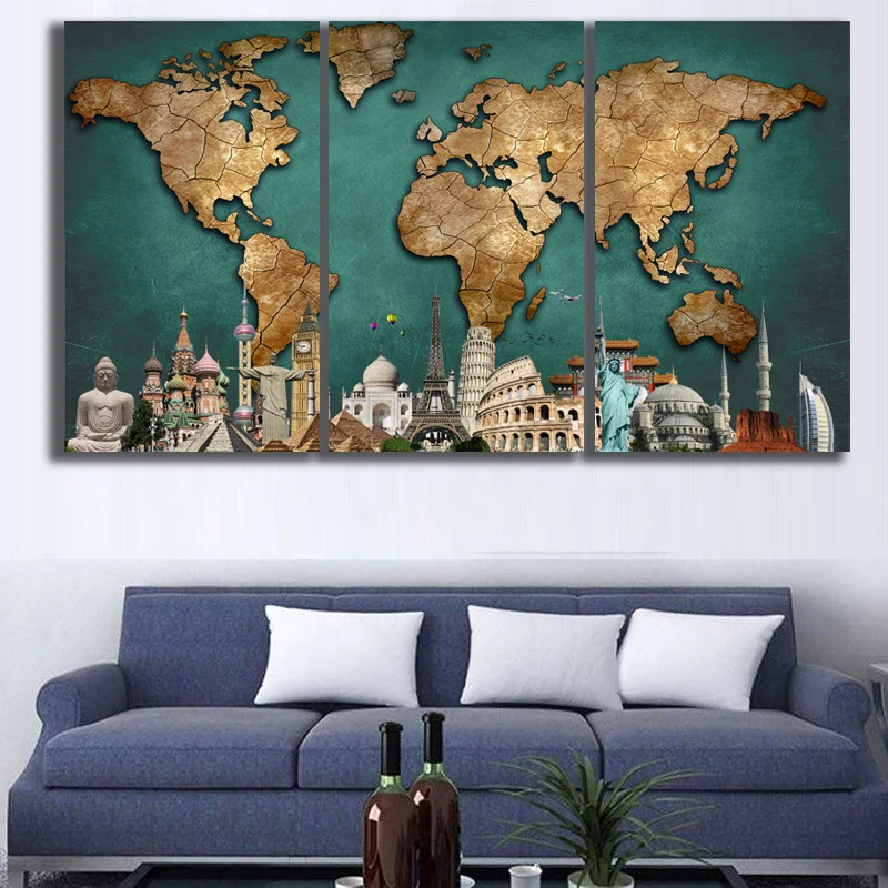 3 Панели HD карта мира памятники Настенная картина украшение для дома гостиная