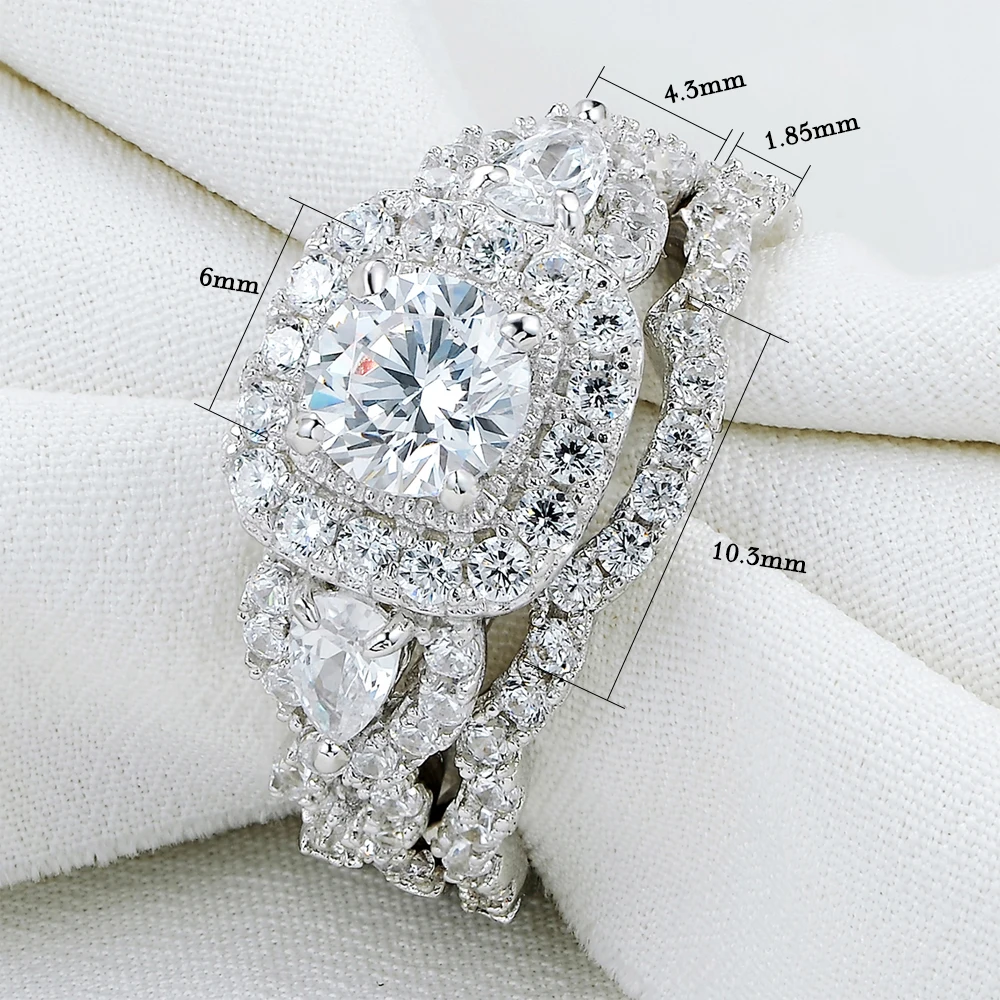 Newshe 2 шт. Halo стерлингового серебра 925 обручальные кольца для женщин 1,5 Ct круглые грушевидные режущие AAA CZ классические ювелирные украшения, обручальное кольцо набор
