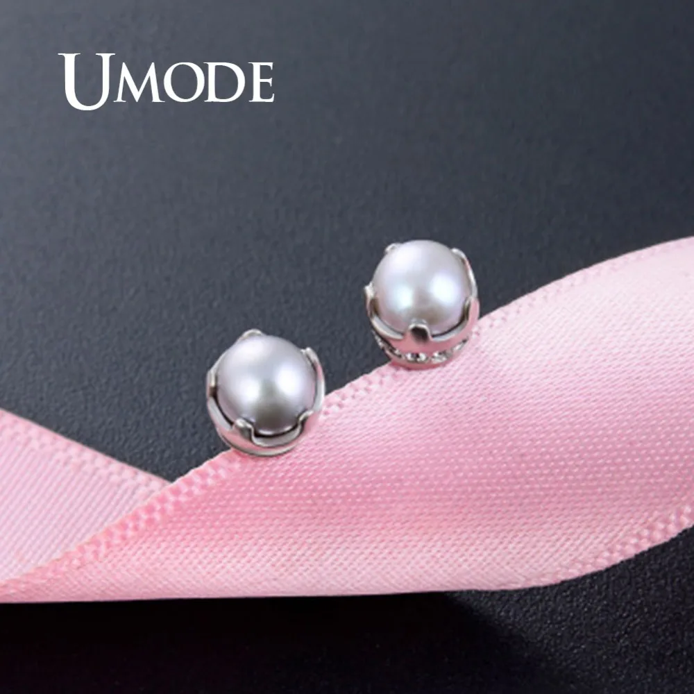 UMODE New White Round Pearl 925 Sterling Silver Stud Earrings for Women Small Cute Studs Gold Jewelry ALE0491 | Украшения и