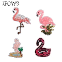 ibows 5pcs iron on patches flamingo sequin embroidered pacthes for clothes decoration diy appliques stickers sewing patchwork