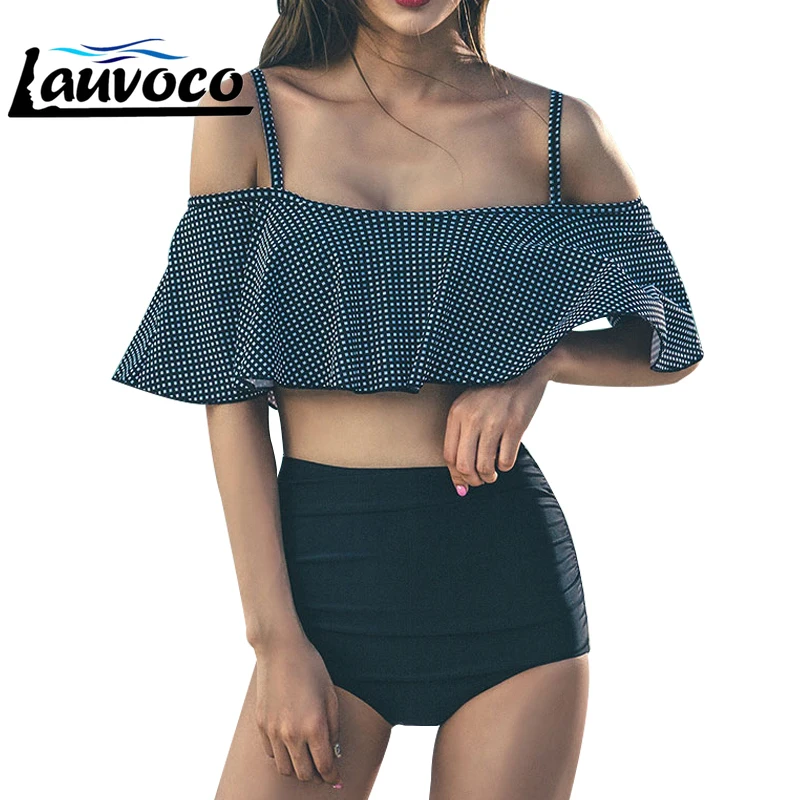 Клетчатый комплект бикини с оборками женский ремешками купальник бандо Высокая