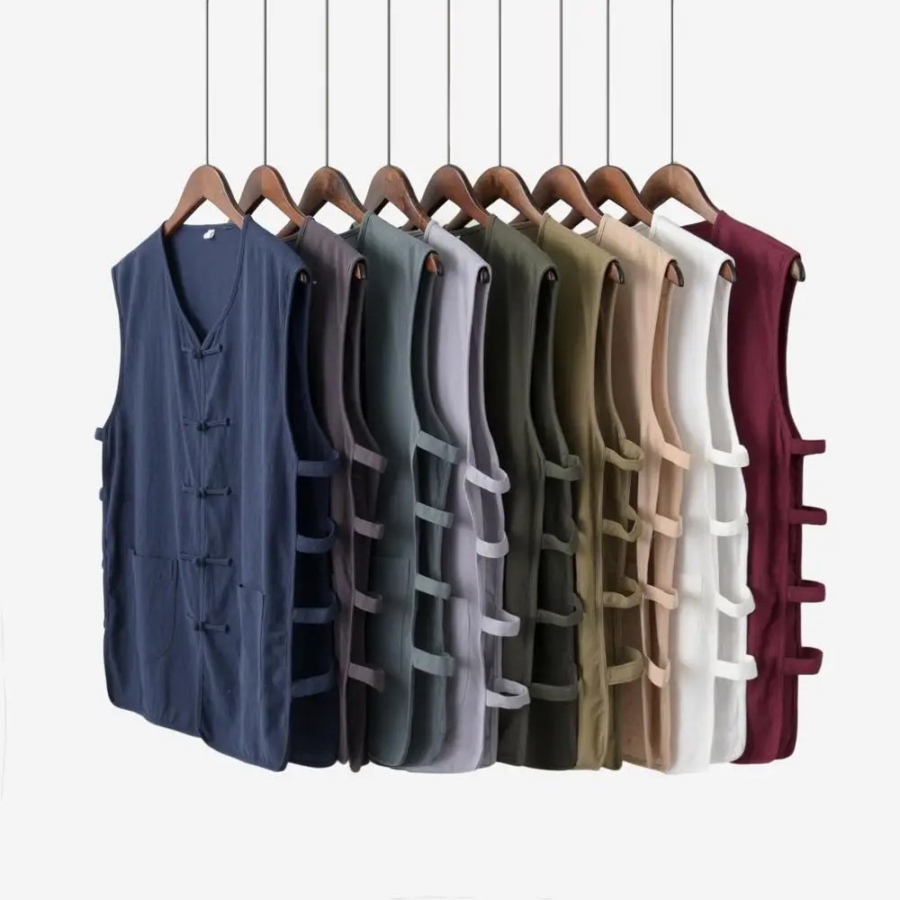 New Summe Thin Men Cotton Linen Sleeveless Shirt Traditional Chinese Tang Suit Top Kung Fu Shirt Wagoner Undershirt Blouse Tops