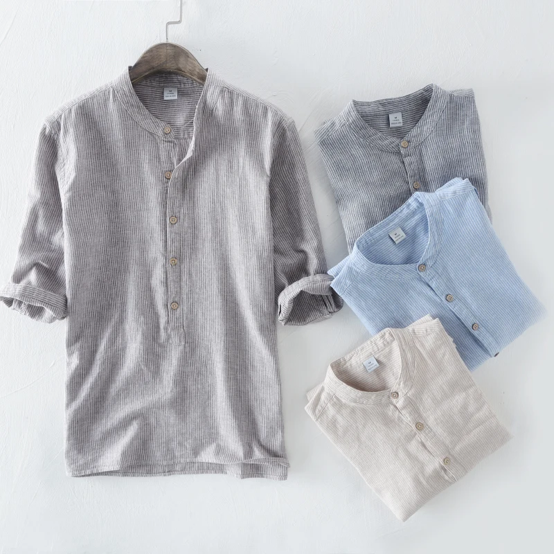

Striped linen and cotton three-quarter shirt men brand casual soft men shirts stand collar summer shirt mens camiseta chemise