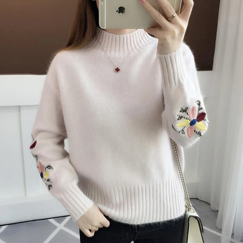 TIGENA Embroidery Turtleneck Sweater Women 2019 Winter Thick Warm Knit Sweaters and Pullovers Female Long Sleeve Jumper Ladies | Женская