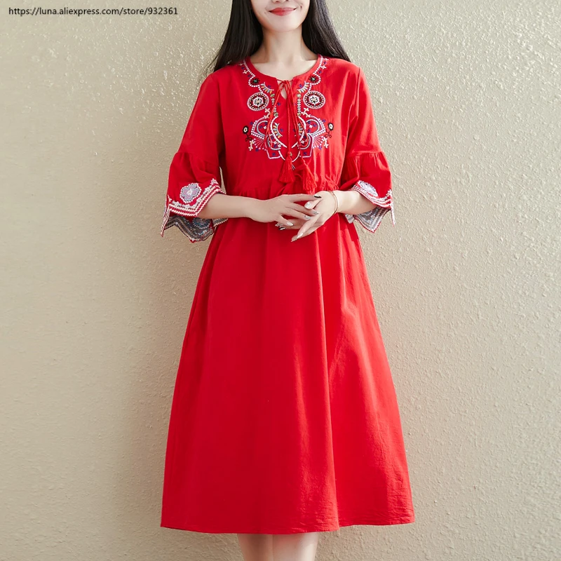 Женское длинное платье винтажное с цветочной вышивкой в стиле бохо Vestidos лето