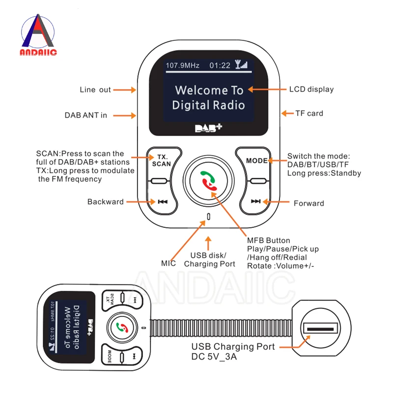 DAB радио приемник dab+ адаптер авто fm конвертер USB antena coche handsfree blutooth