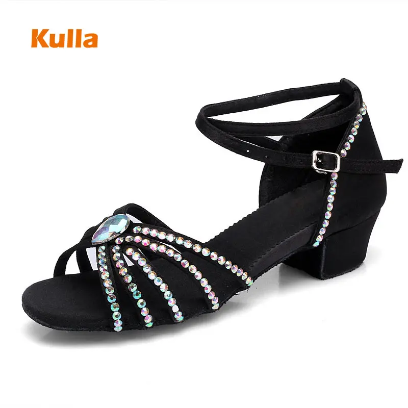 Rhinestone Girls Kids Latin Dance Shoes Ballroom Women Salsa Low-Heel 3.5cm Children Tango Practice Dancing Shoes zapato mujer
