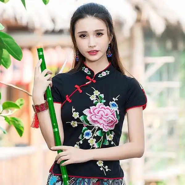 KYQIAO дешевая одежда китайский стиль этнический дизайн Мандарин воротник темно-красный белый Бархатная мини-юбка с вышивкой блузка рубашка chi-pao Qipao - Цвет: Черный