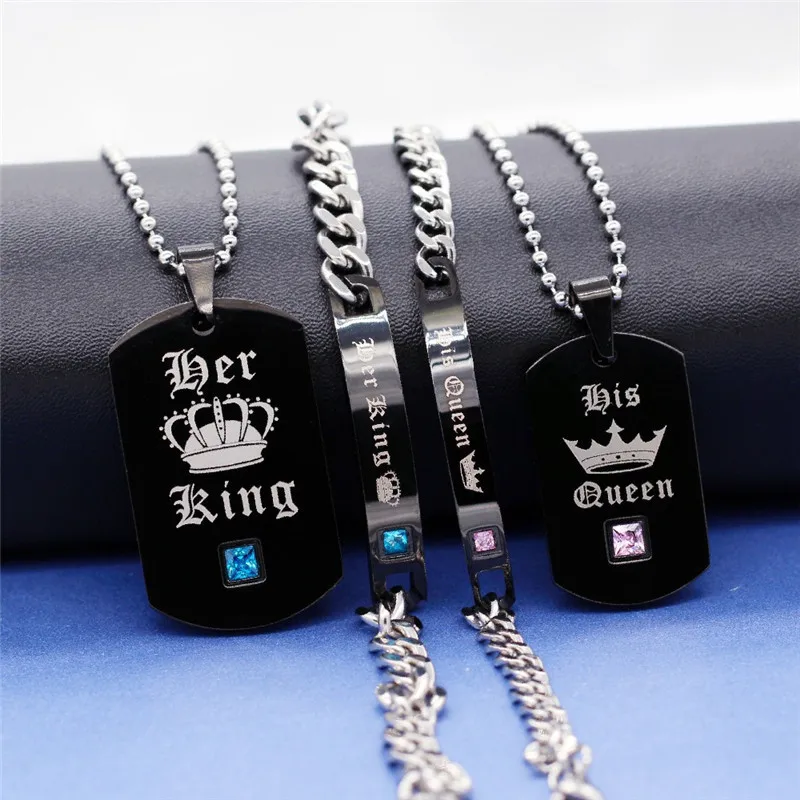 

Black & Pendants Her King And His Queen Couple Stainless Steel Pink Blue Crystal Bracelet Necklace Set