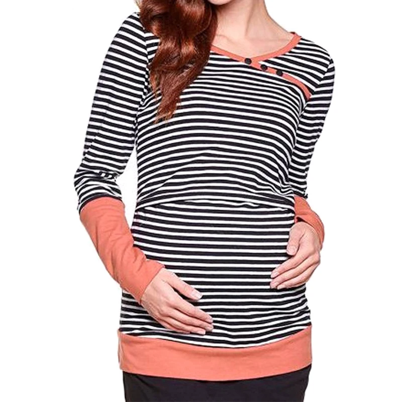 Stripe Splice Nursing Top Women Hoodie Elegant Long Sleeve Casual Loose Autumn T Shirt Feeding Maternity Pregnancy Clothes