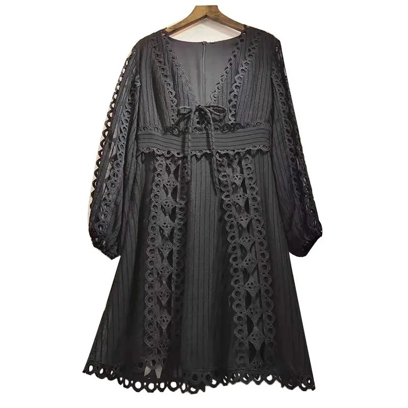 black TWOTWINSTYLE, элегантное сексуальное платье в стиле пэчворк, женское платье с высокой талией и v-образным вырезом, мини-платья с длинным рукавом для женщин, новинка весны - Цвет: black