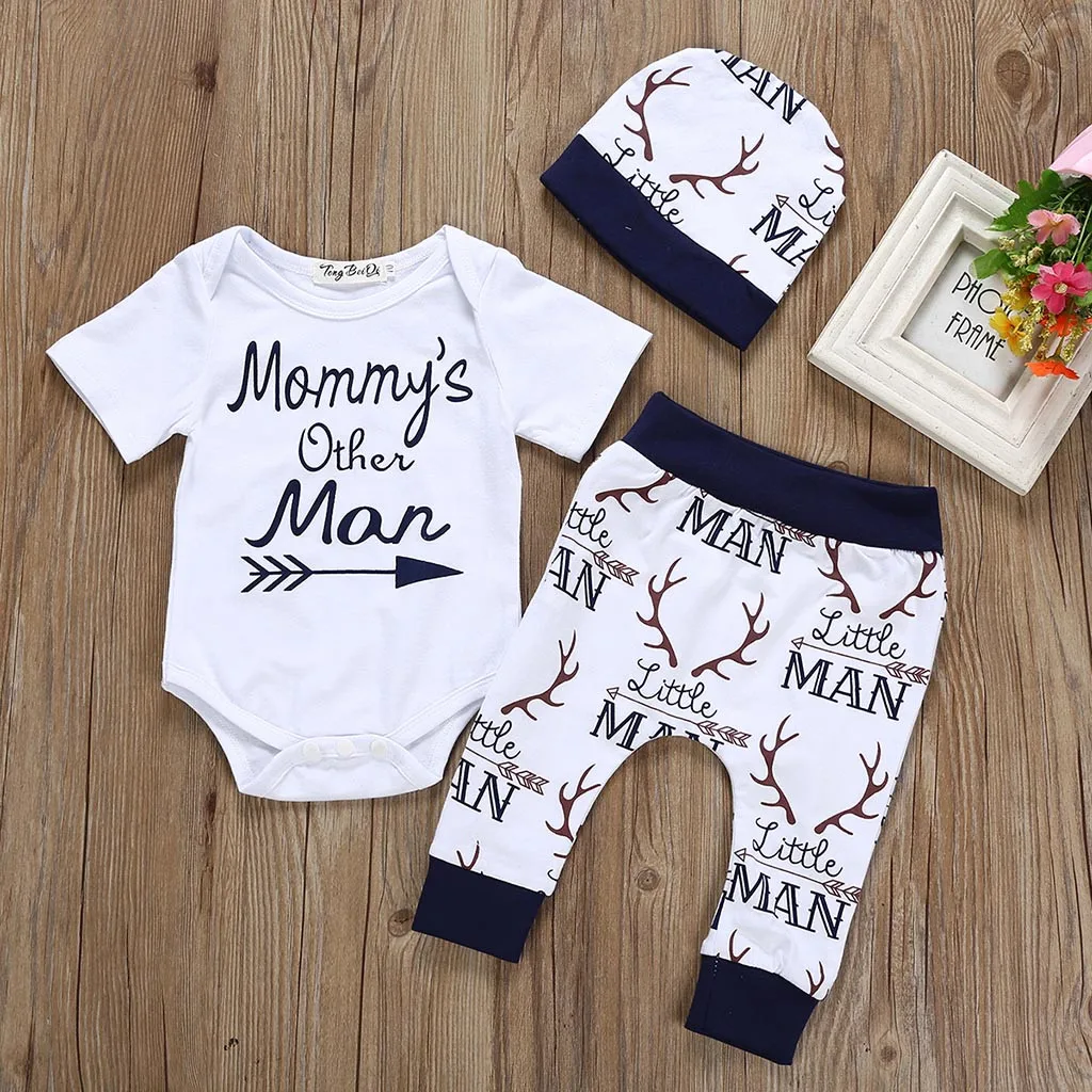 

2019 Newborn Kids Baby Boy Outfits Clothes Letter Print Romper Jumpsuit+Pants+Hat Set