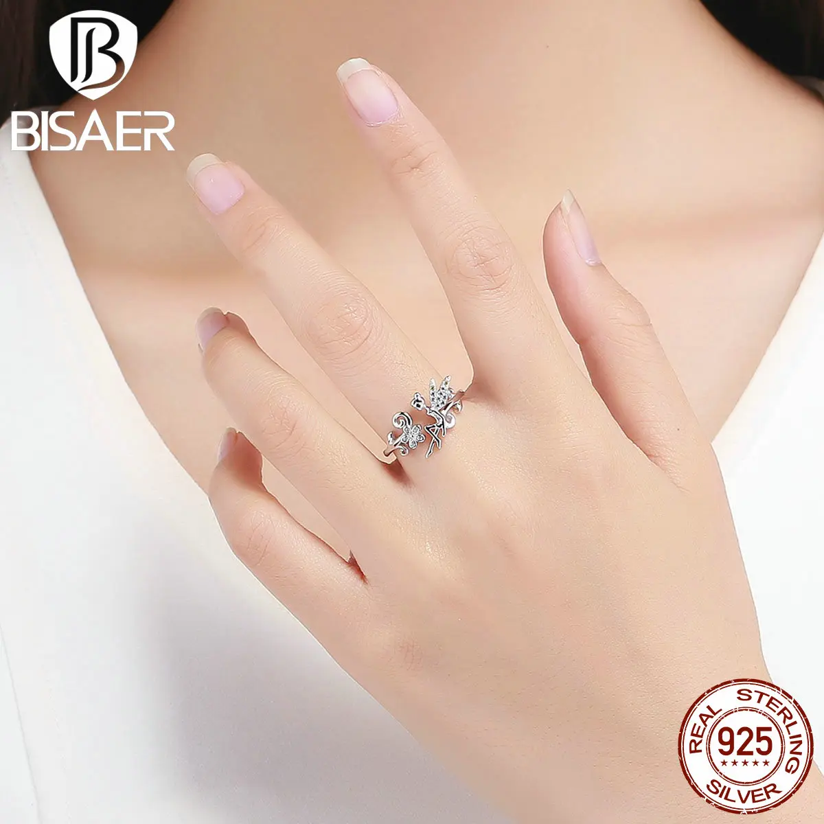 BISAER, настоящее 925 пробы, серебряное кольцо с цветами эльфа, принцесса, чистое CZ, роскошное элегантное для свадьбы помолвки, Серебряное ювелирное изделие EFR025