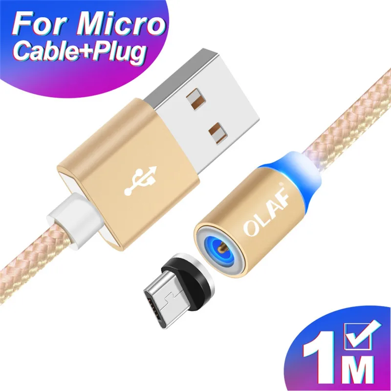 1M Gold Micro Cable Магнитный Micro USB кабель OLAF 2A Зарядка 1 м 2 м светодиодный магнитный кабель для зарядки и передачи данных для Xiaomi 4X huawei P8 Lite samsung A5 J5 J7 - Цвет: 1M Gold Micro Cable