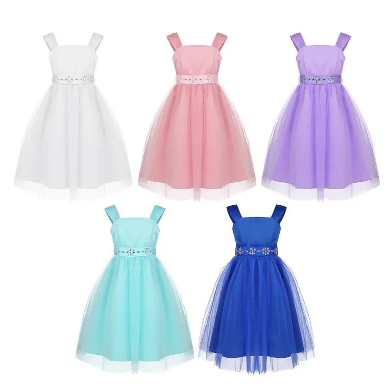 

Kids Girls Mesh Sleeveless Princess Dress Flower Girl Dress with Detachable Rhinestone Sash Pageant Wedding Birthday Party Dress