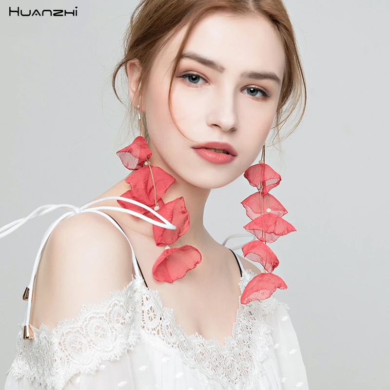 HUANZHI 2019 Многослойные длинные висячие серьги с большим цветком и жемчугом для