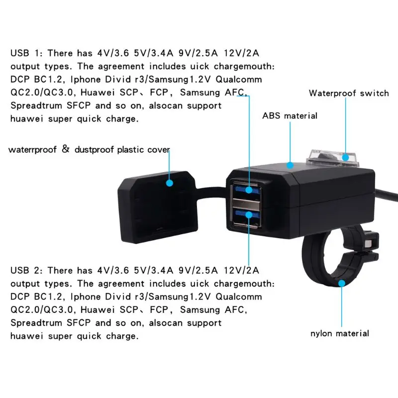 Водонепроницаемое зеркало на руль мотоцикла QC 3 0 с двумя USB портами и