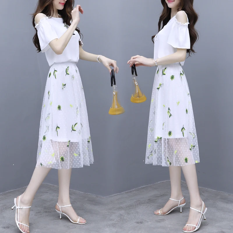 

summer women fashion 2 pcs clothing set new super fire fairy white gauze leakage shoulder garment bust skirt sweet girl suits