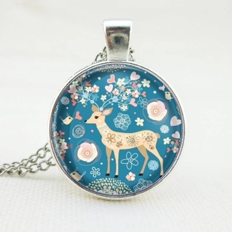 Ожерелье серебряное с изображением рождественского оленя|colorful necklace|cabochon pendantjewelry