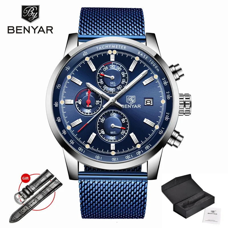 Blue BENYAR мужские часы Топ бренд часы для мужчин Роскошные наручные часы для мужчин s Кварцевый Хронограф военные часы Relogio Masculino - Цвет: Blue