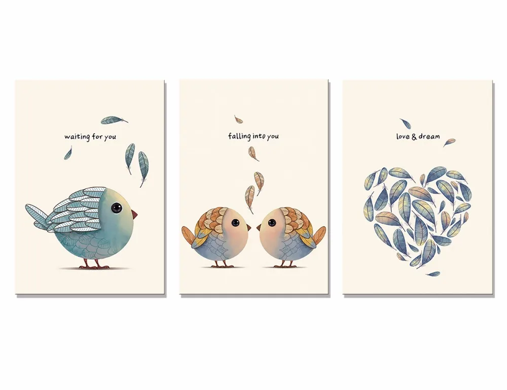 3 Панели скандинавский мультфильм Любовь слова милые птицы сладкий картина из