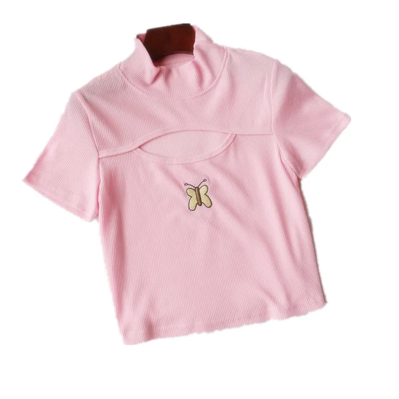 Kawaii cute chic sweet girl cropped pink butterfly embroidery hollow out crop tops short tshirt women | Женская одежда
