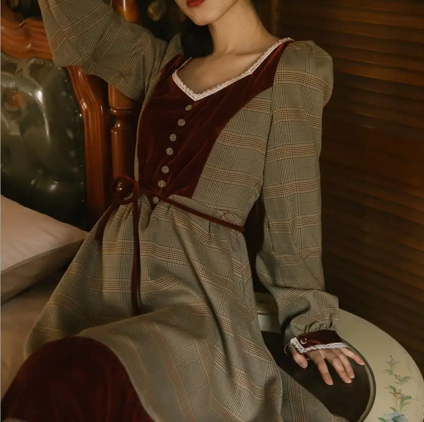 Женское бархатное платье с V образным вырезом высокой талией|Женские платья| |