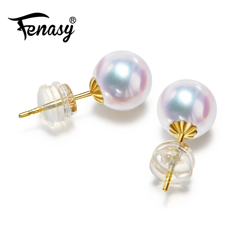 Серьги из 18 каратного золота FENASY украшения жемчуга круглые жемчужные серьги Akoya 7
