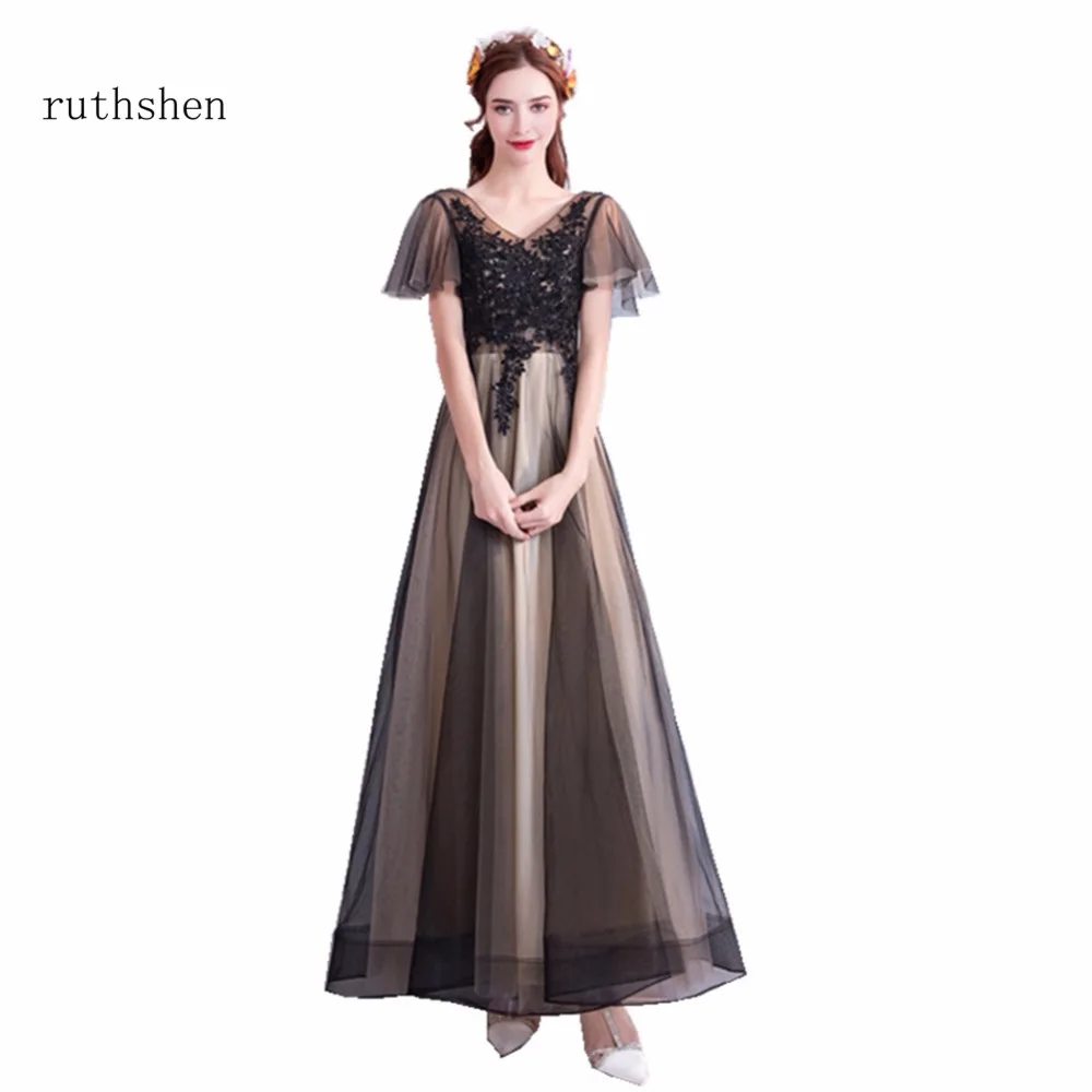Ruthshen 2018 новый сексуальный V шеи для выпускного платья шапки рукава длинное кружевное платье вечерние
